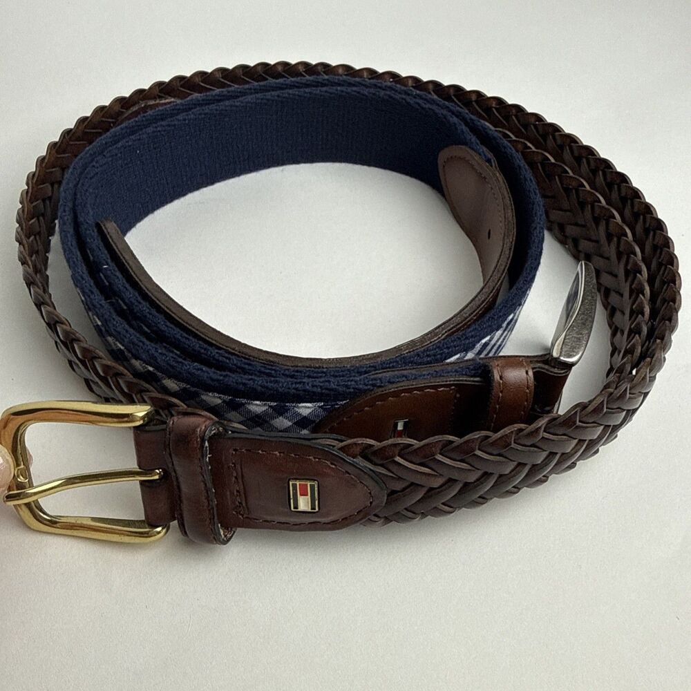 2 Tommy Hilfiger Leather Brown and Blue Plaid Men's Belts Sz L (38-40)